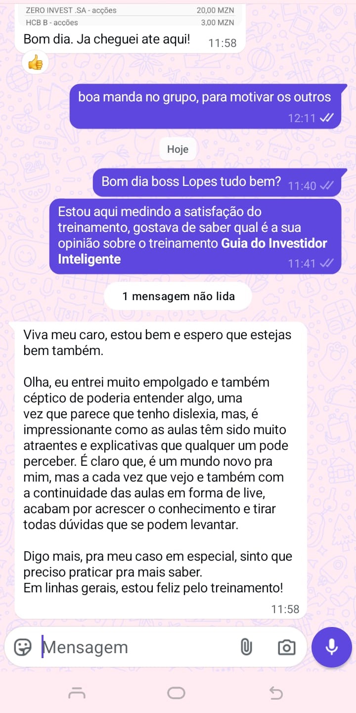 Depoimento de aluno no WhatsApp